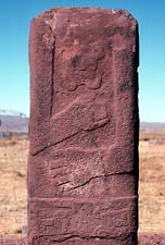 Views of a second representation of a face at Tiahuanaco showing exuberant mustachios or beard (There is a monochrome image in Fingerprints.)